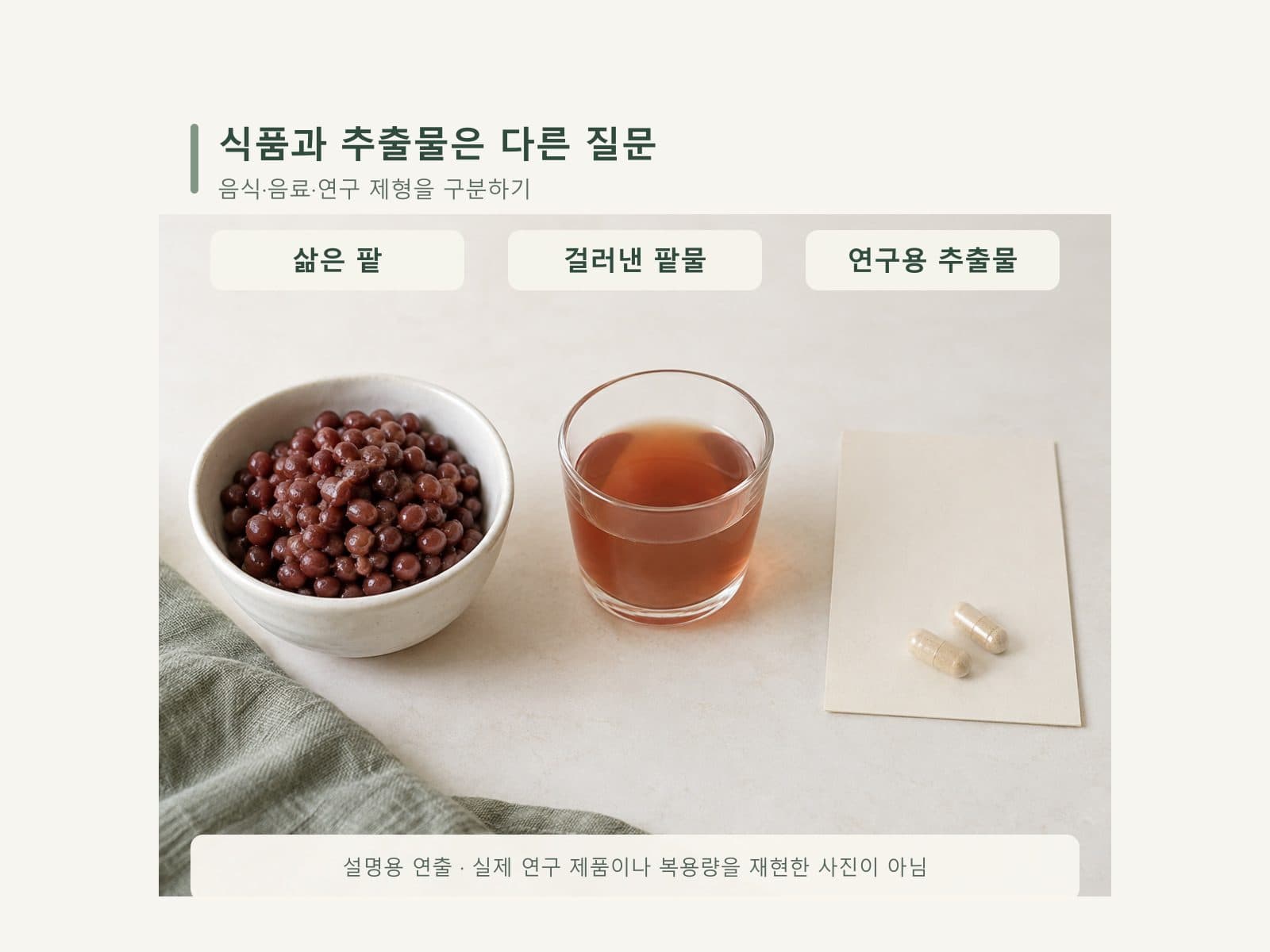 삶은 팥과 팥물 및 연구용 추출물을 구분한 비교