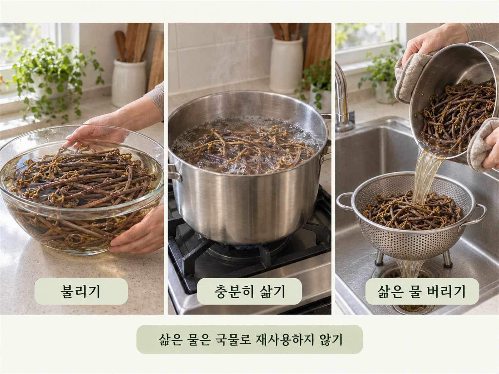 고사리 불리기 20분 삶기 물버리기