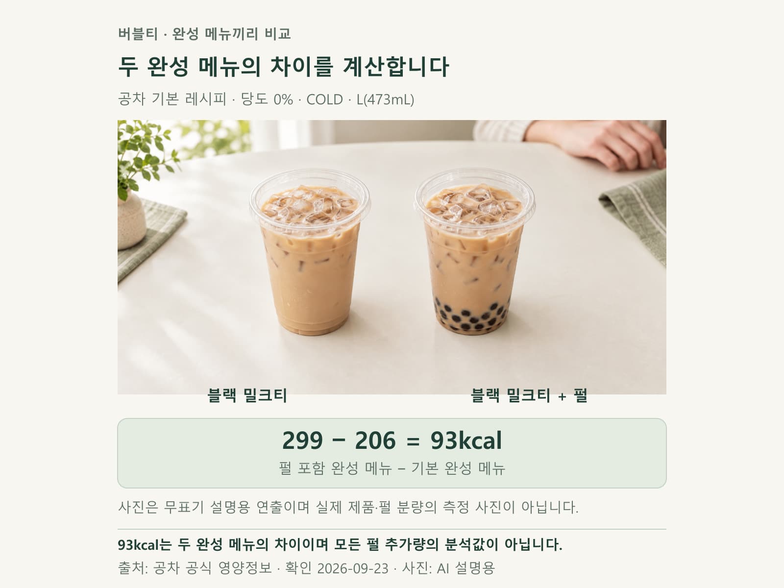 블랙 밀크티와 펄 포함 메뉴의 차이를 계산한 카드