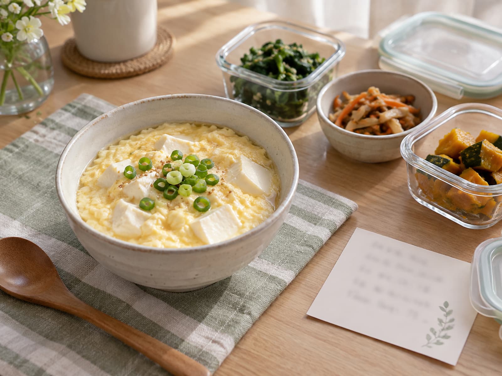부드러운 단백질 음식·소분 용기·짧은 기록지를 차린 조용한 식탁