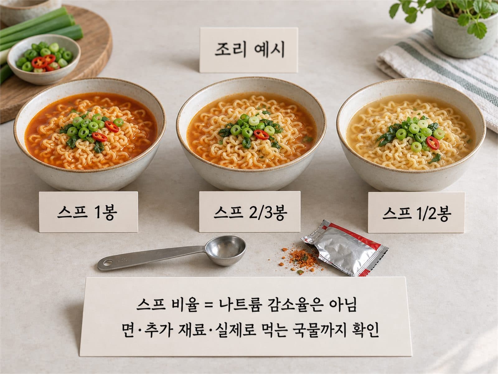 계량스푼과 스프 1봉·2/3·1/2로 나눈 세 그릇, 국물 비교