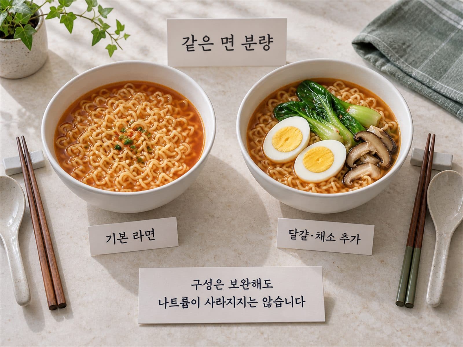 왼쪽 기본라면, 오른쪽 달걀·청경채·버섯 추가 그릇을 비교한 사진