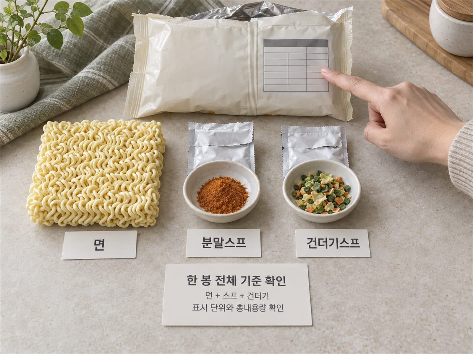 봉지라면 면, 분말스프, 건더기스프 구성품과 영양표 체크카드