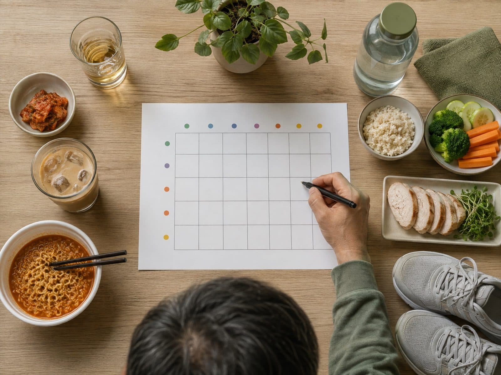 중년 남성이 술과 단 음료 및 야식을 기록하고 식사와 걷기 계획을 세우는 모습