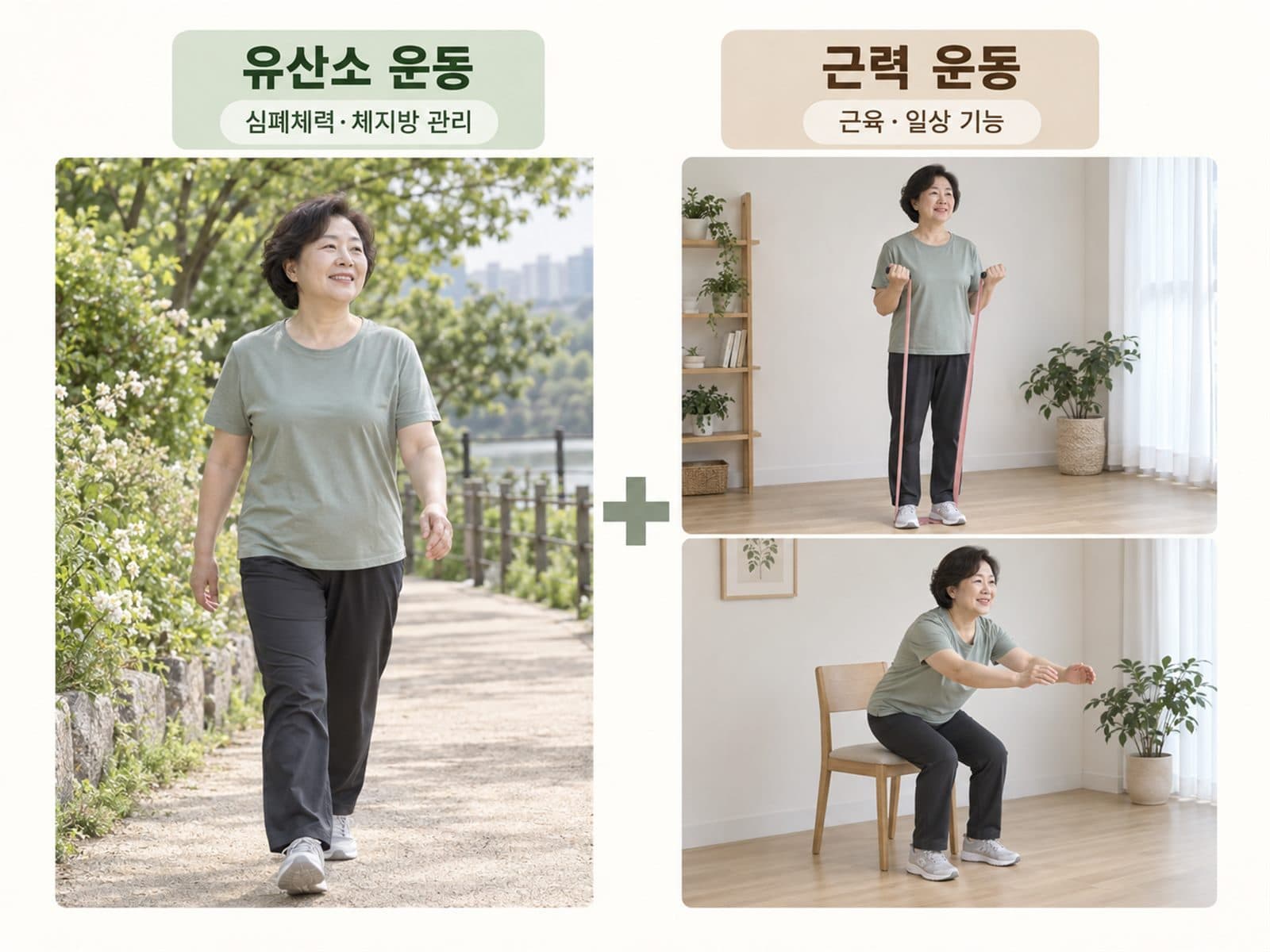 걷기, 밴드운동, 의자일어나기를 두 축으로 배치한 사진