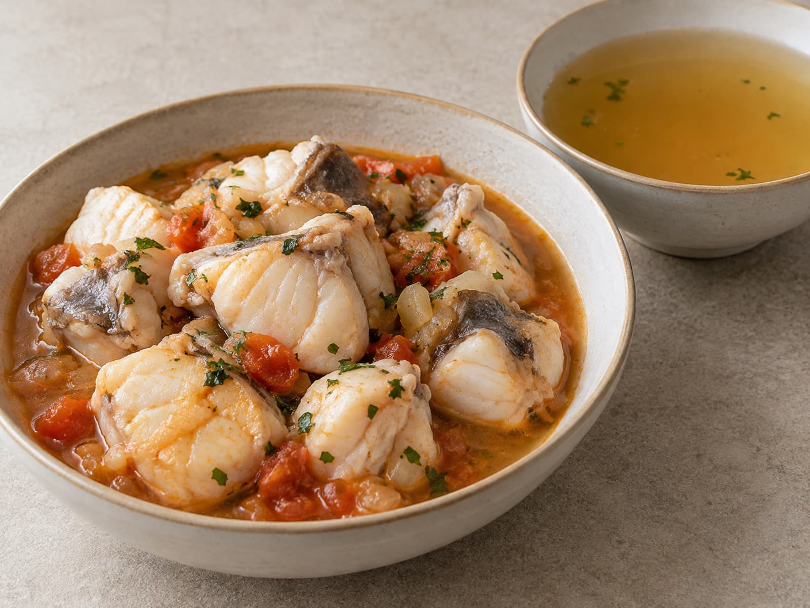 토막 접시 옆의 육수 그릇