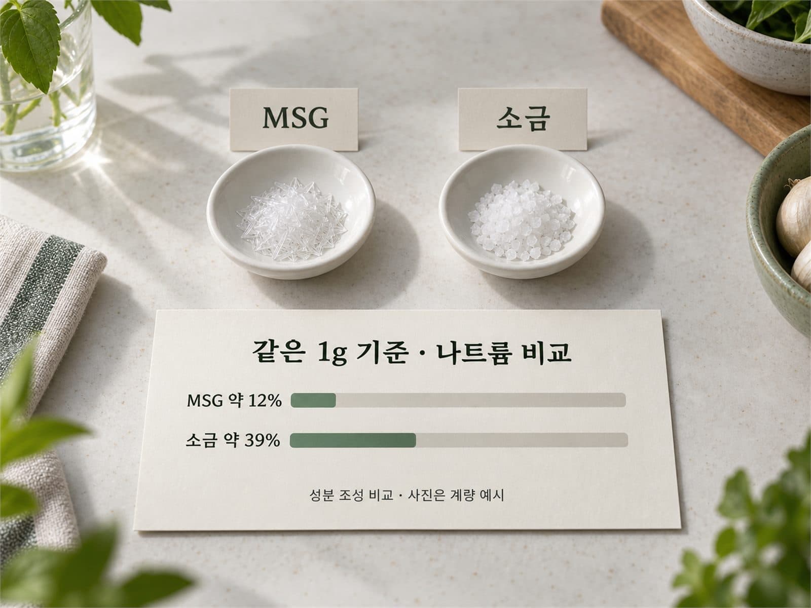 MSG와 소금 같은 무게 나트륨 비교