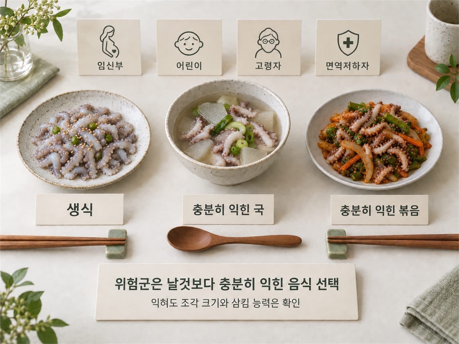 산낙지, 연포탕, 볶음 세 접시와 고위험군 아이콘