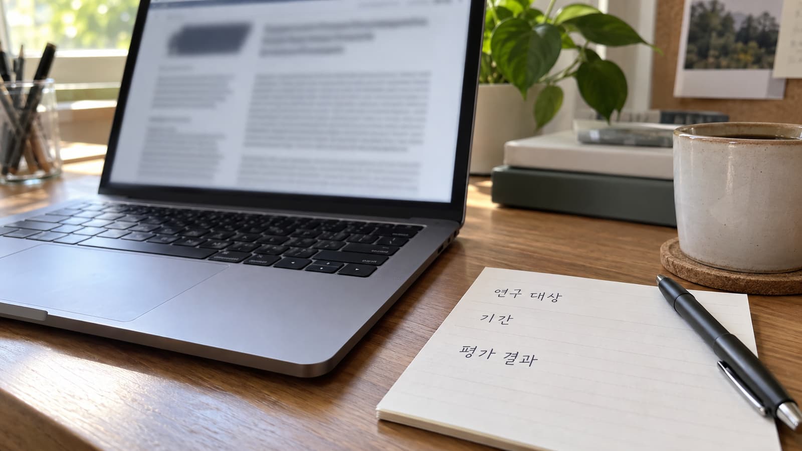 노트북 옆에 연구 대상과 기간, 평가 결과를 나누어 적은 메모.