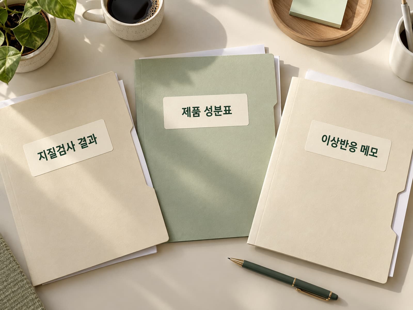 지질검사·제품성분·이상반응 메모를 서로 다른 폴더에 정리한 책상