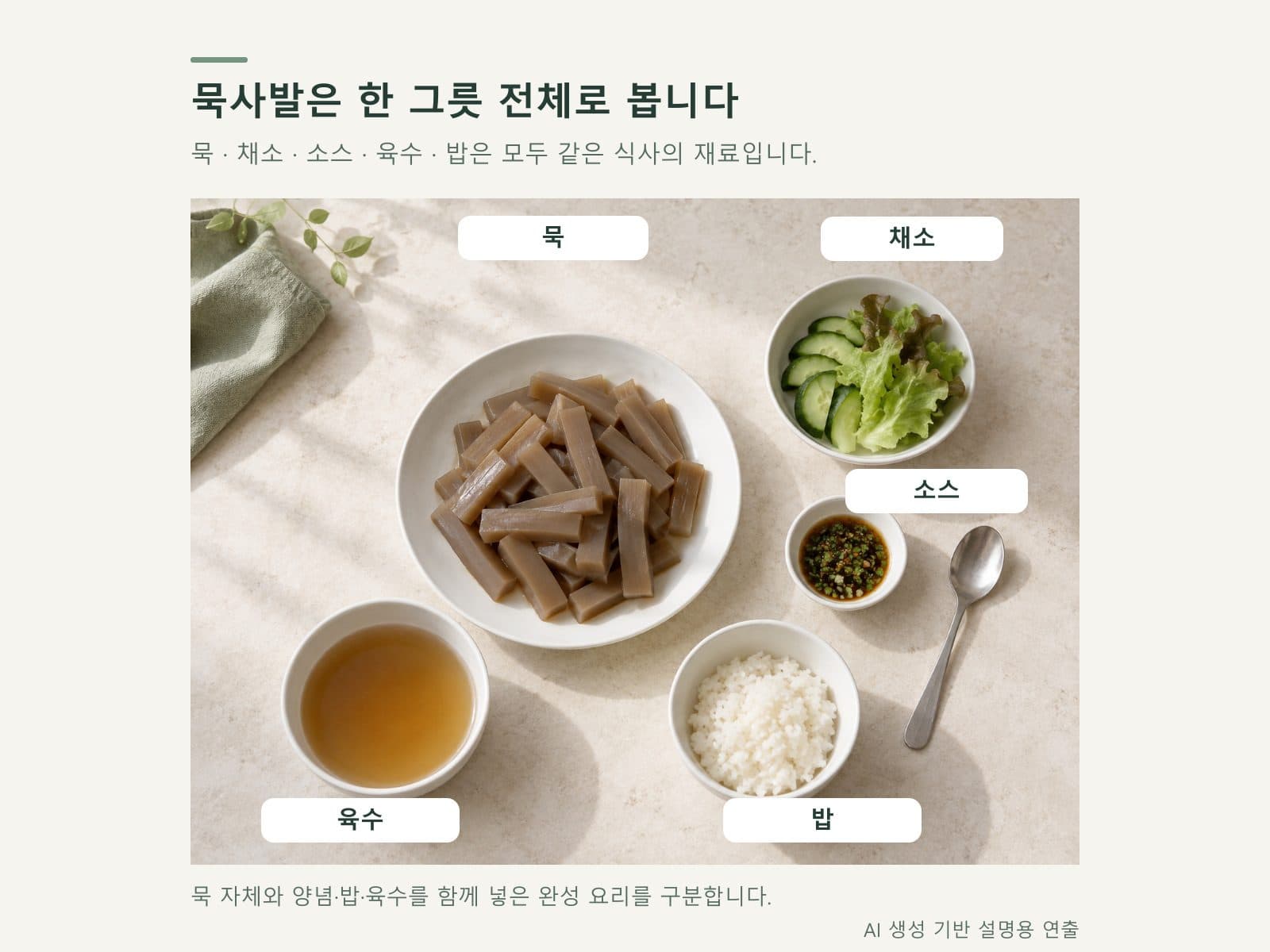 묵사발에 들어가는 재료를 역할별로 나눈 장면