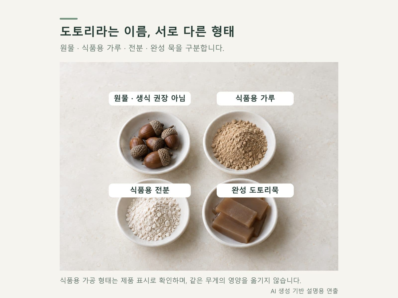 도토리 원물과 가공 형태를 구분한 네 칸 비교