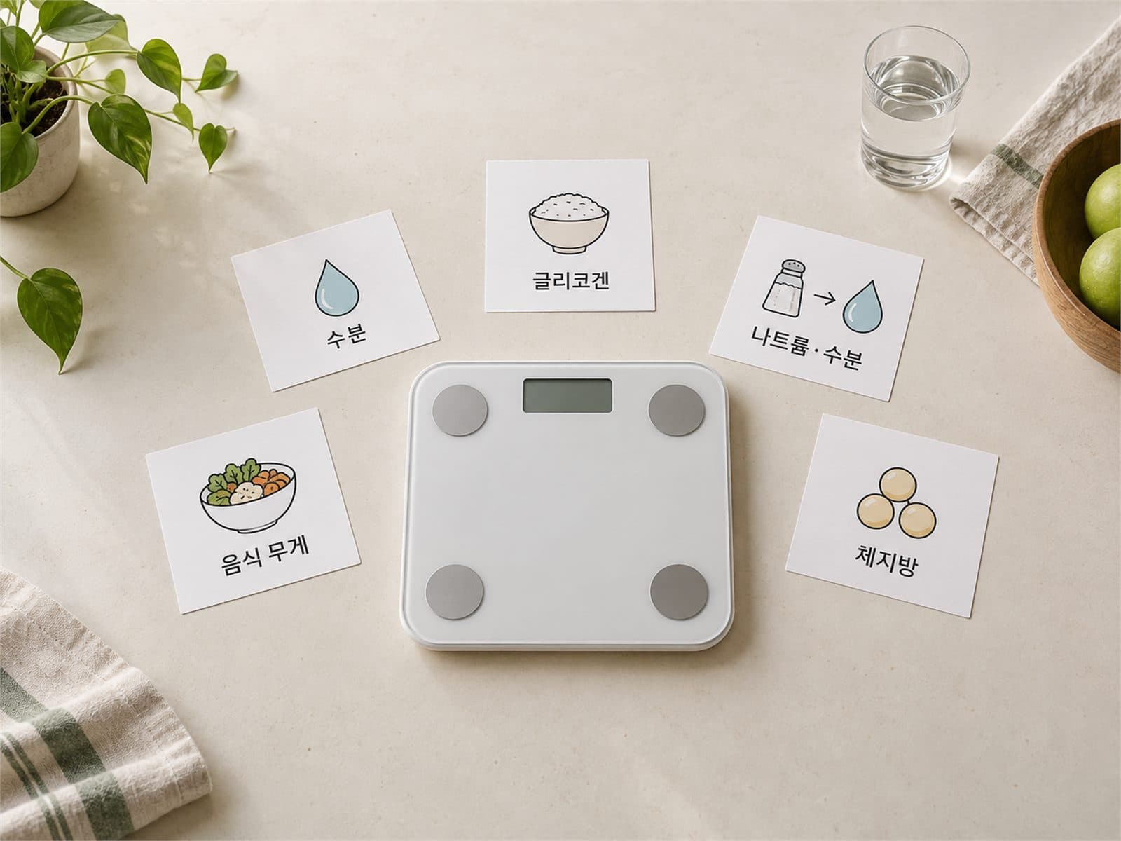 외식 다음 날 체중 체지방 수분 글리코겐 음식 무게 구성