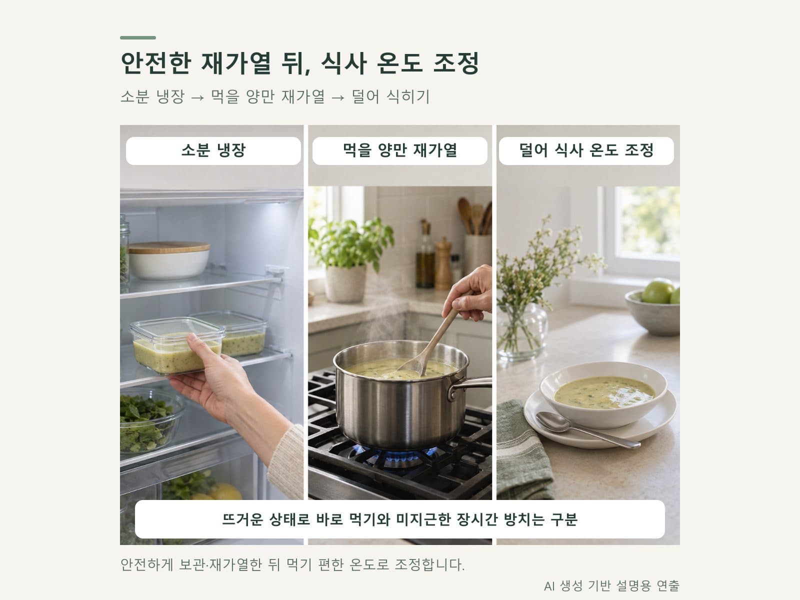 냉장 소분 음식의 재가열과 식사 전 냉각을 분리한 흐름