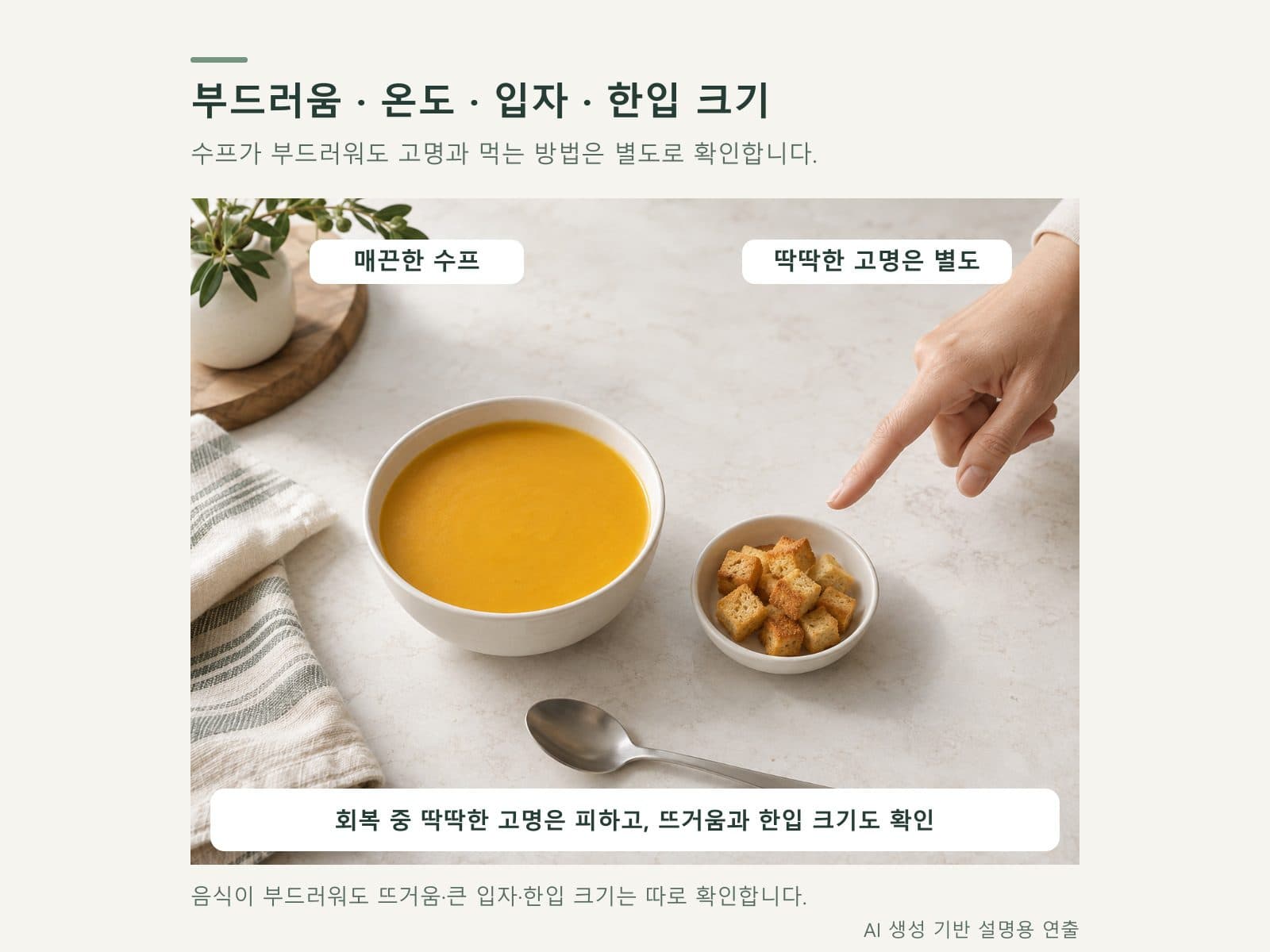 수프의 온도와 고명의 질감을 구분해 보여주는 장면