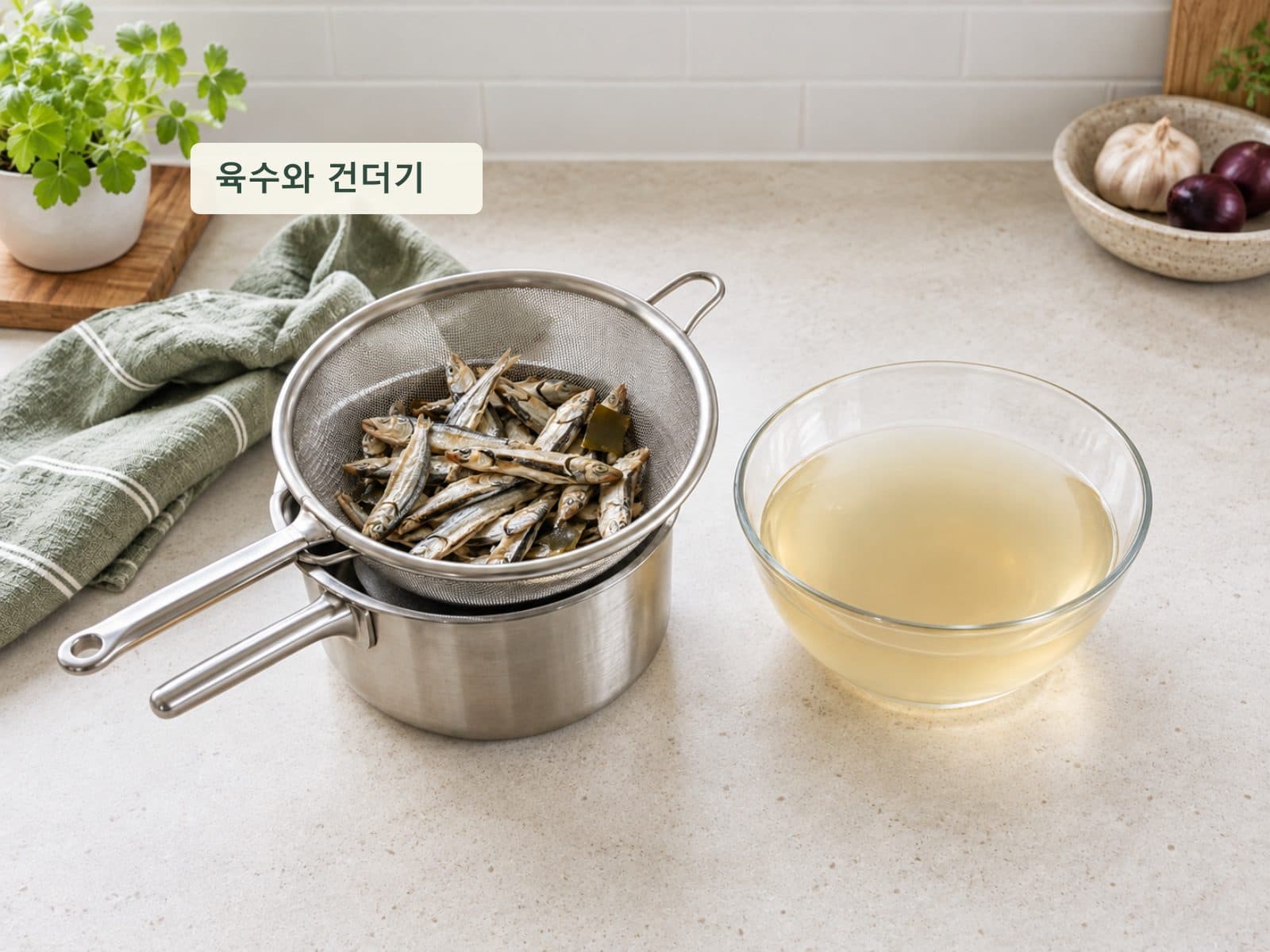 멸치 건더기를 거른 육수와 분리한 건더기