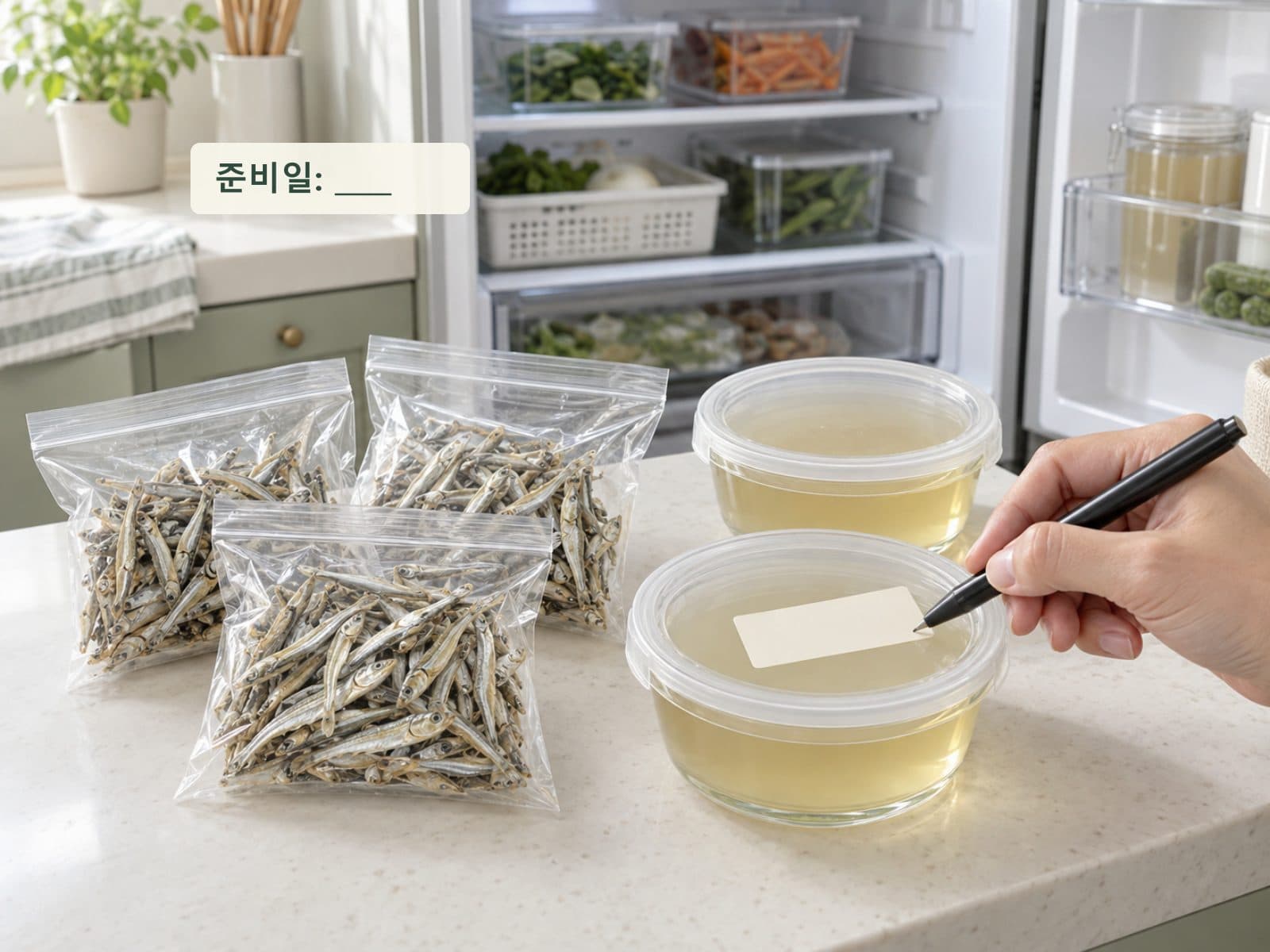 마른멸치 소분 봉투와 얕은 용기에 나눈 멸치 육수