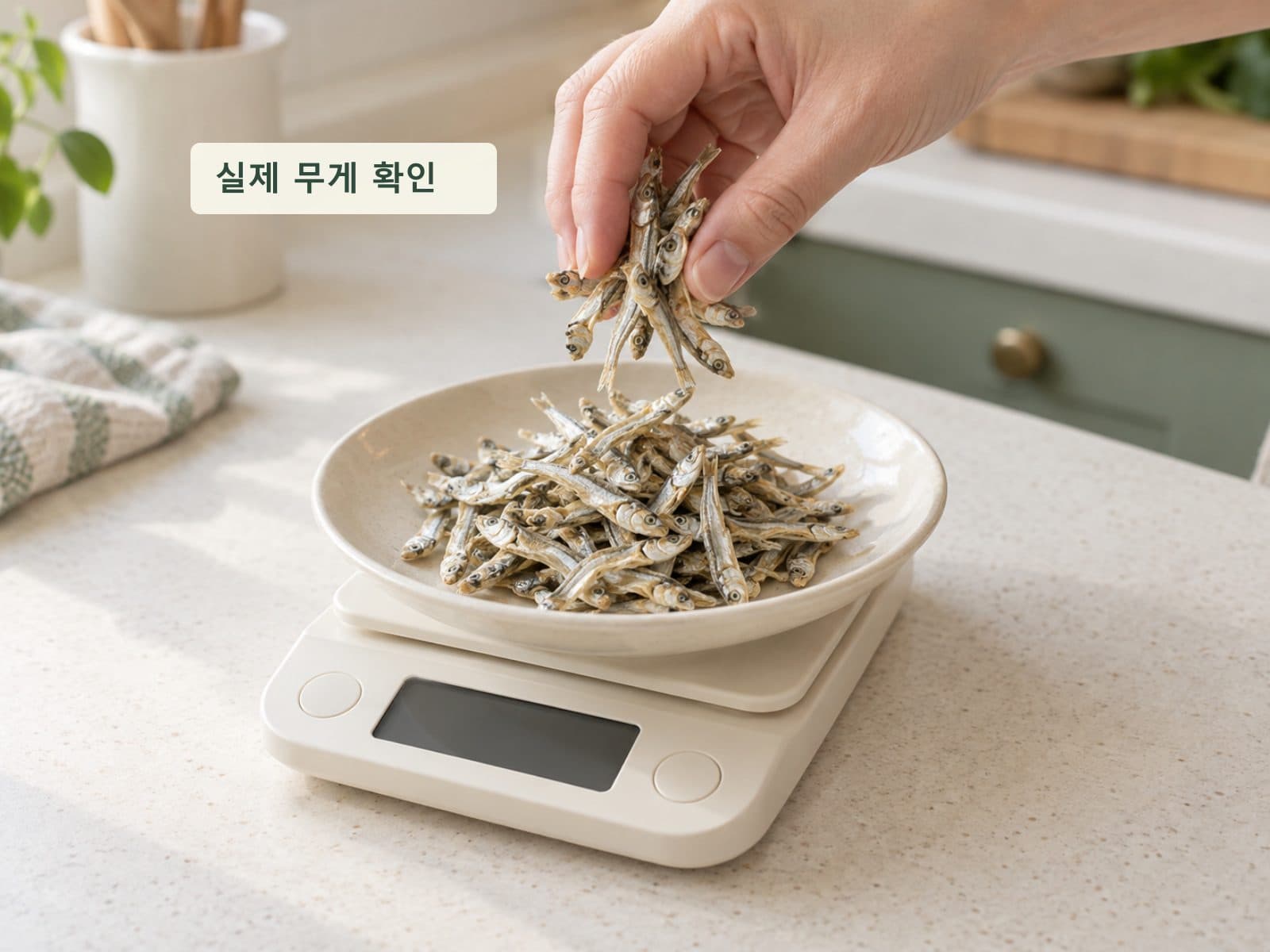 평소 먹는 마른멸치 양을 주방저울로 확인하는 과정