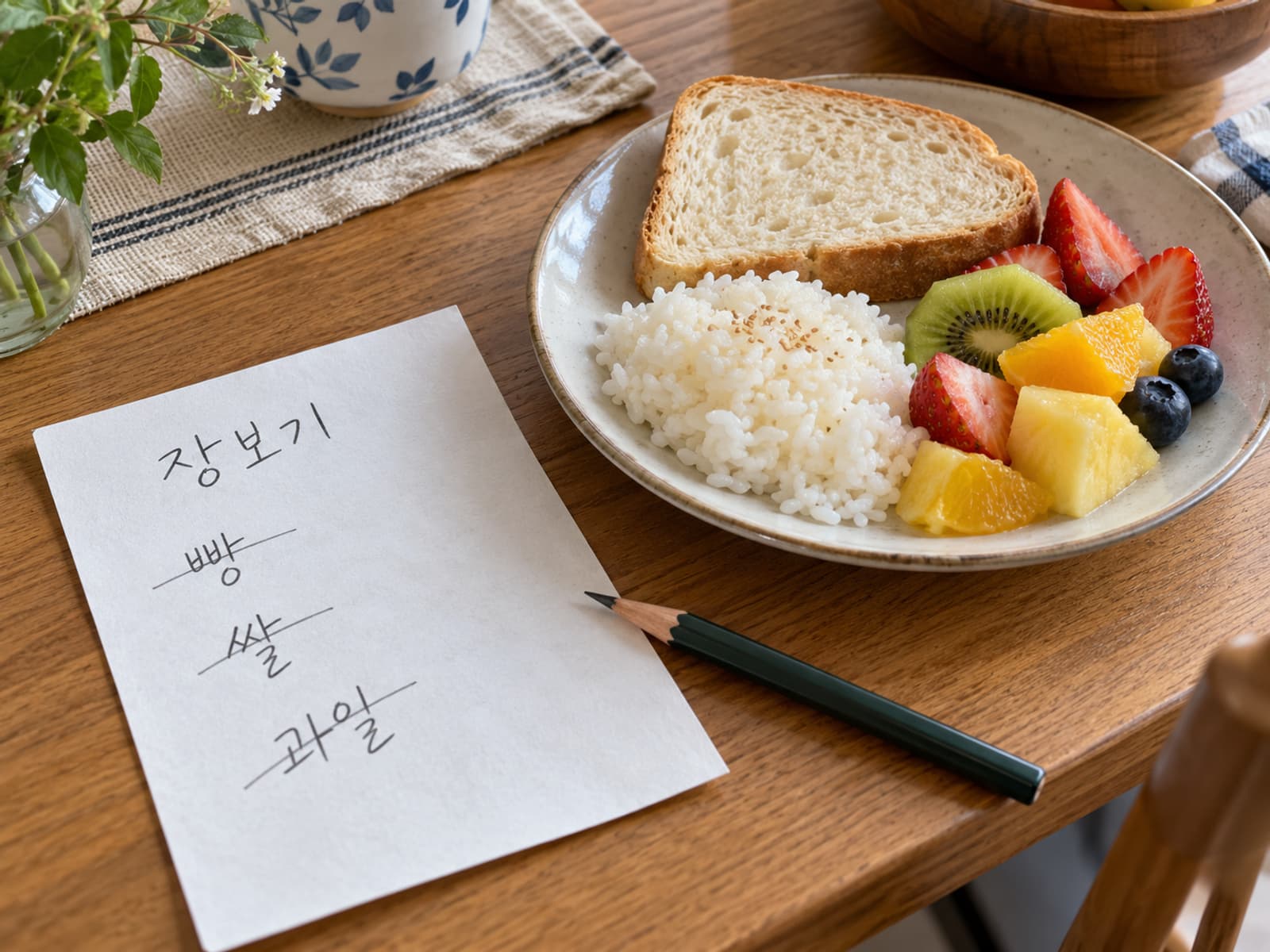 장보기 목록에서 여러 음식 이름이 지워져 있고 곁에 작은 식사 접시가 놓인 모습.