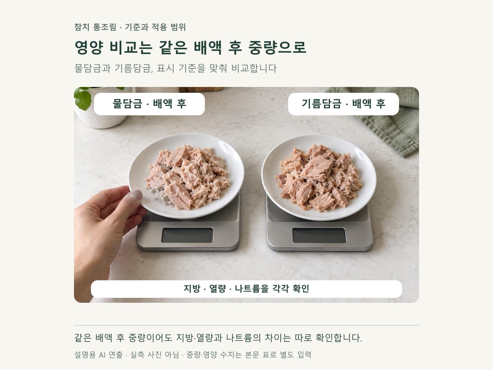 물담금과 기름담금 참치를 같은 113g 기준으로 비교하는 두 접시