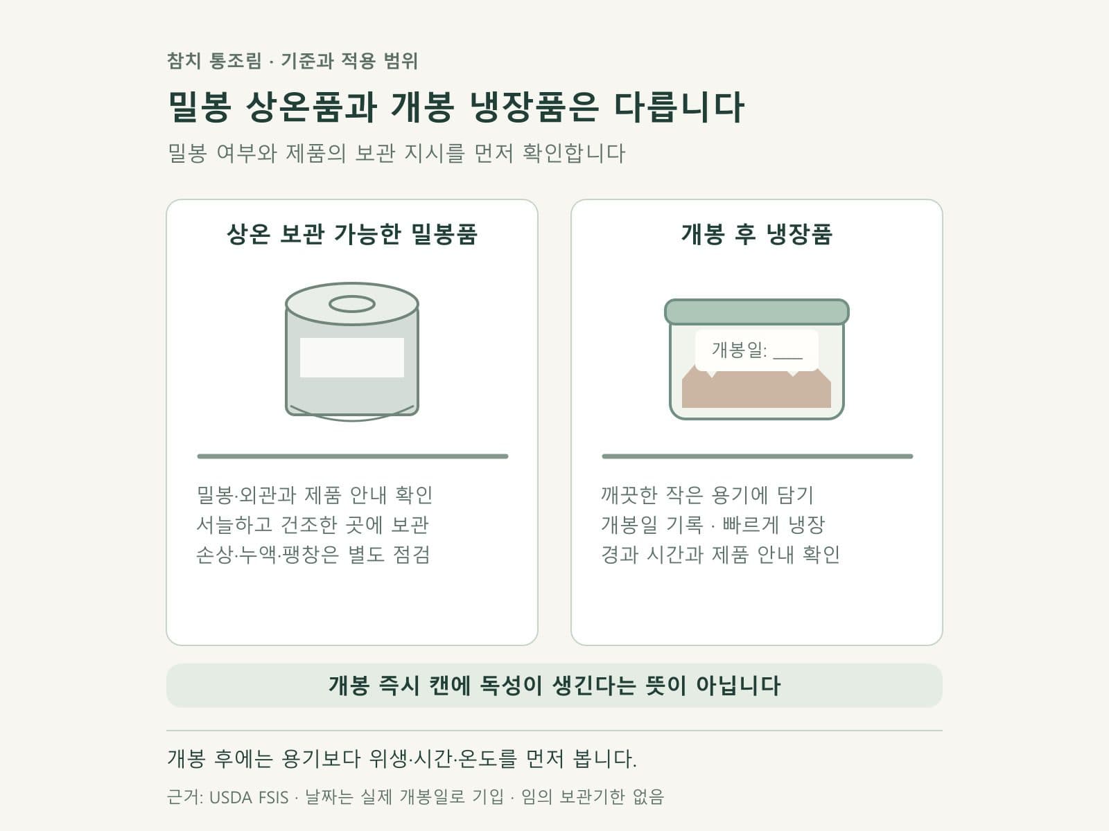 밀봉 캔과 날짜를 적은 냉장 소분 용기의 보관 비교