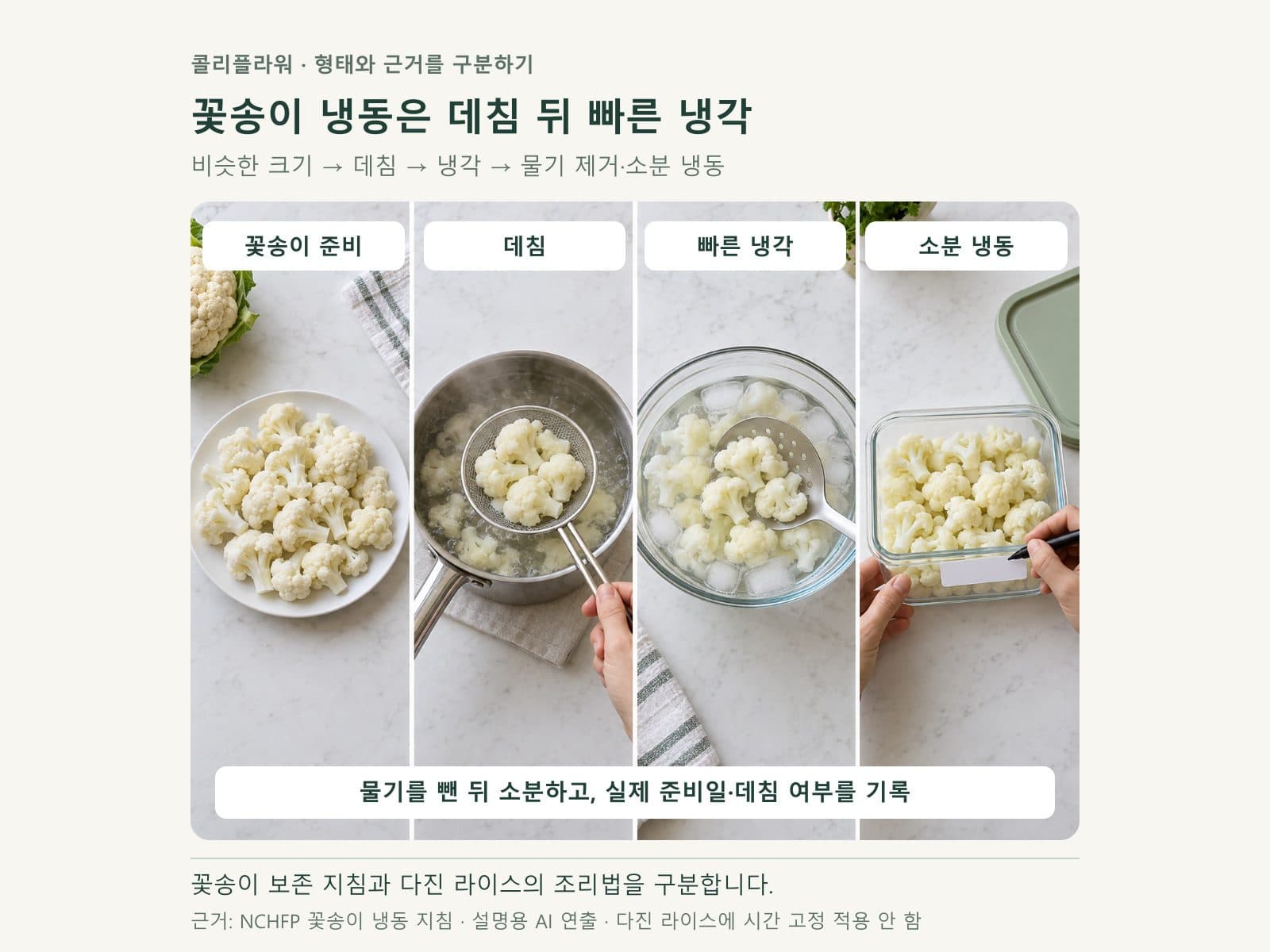 콜리플라워 꽃송이의 데침 냉각 소분 냉동 순서