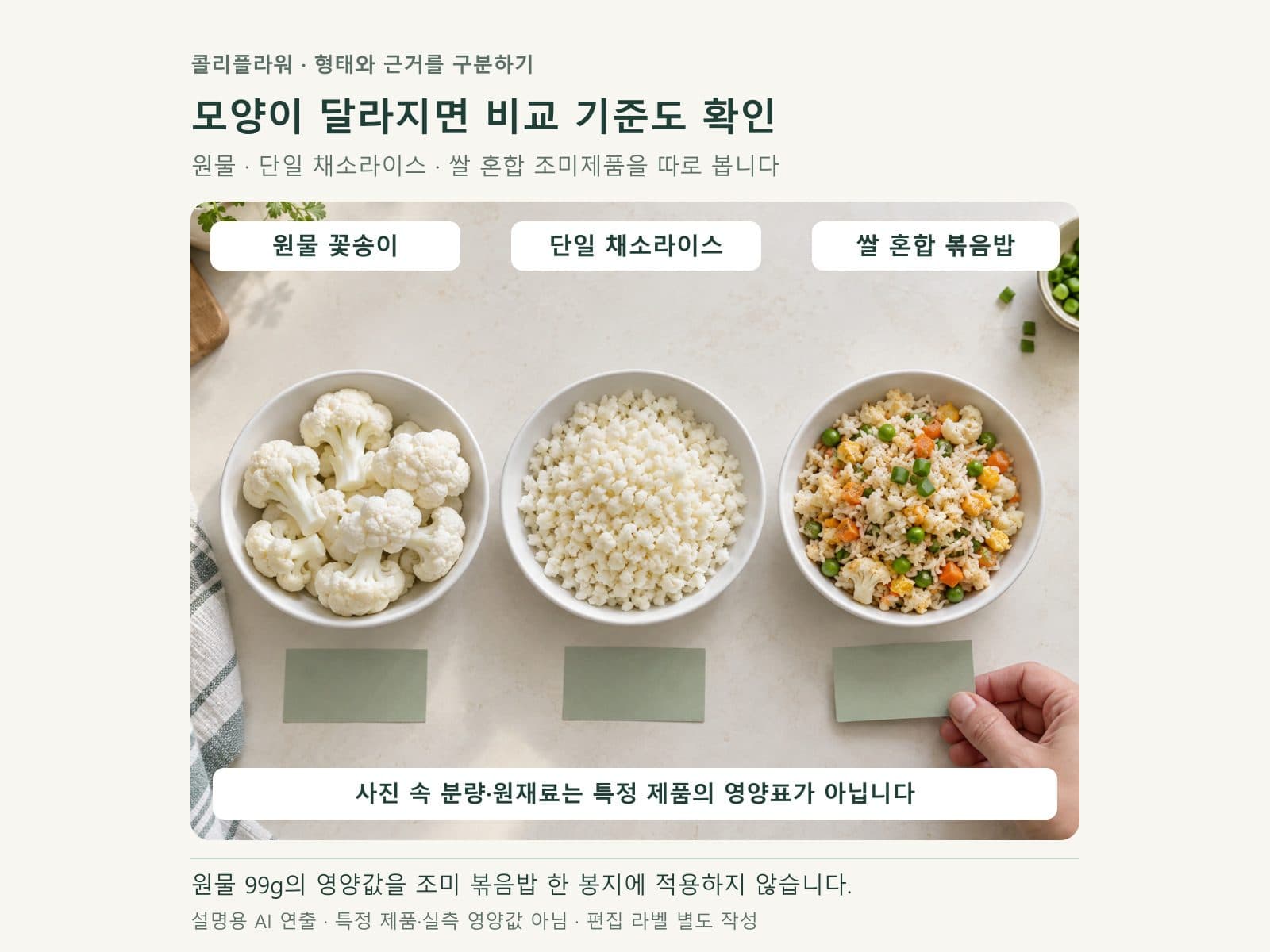 콜리플라워 원물과 단일 라이스 및 쌀 혼합 조미제품 비교