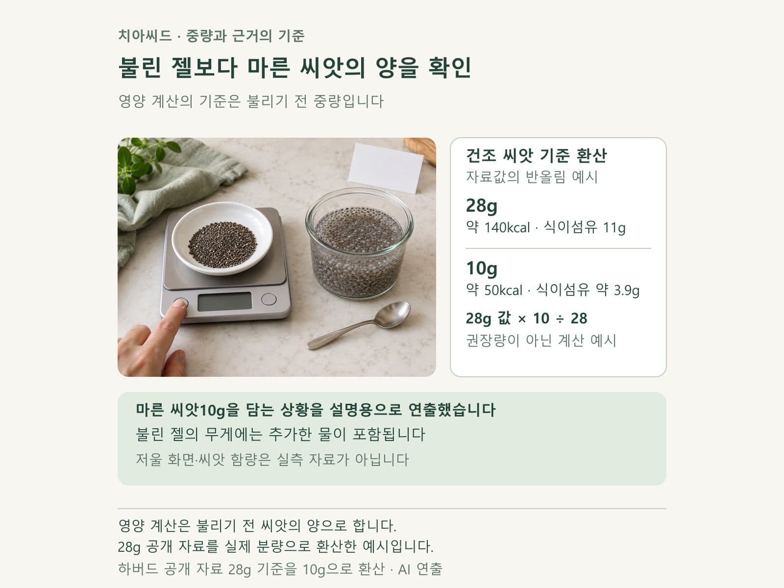 마른 치아씨드 중량과 불린 젤을 구분해 확인하는 저울