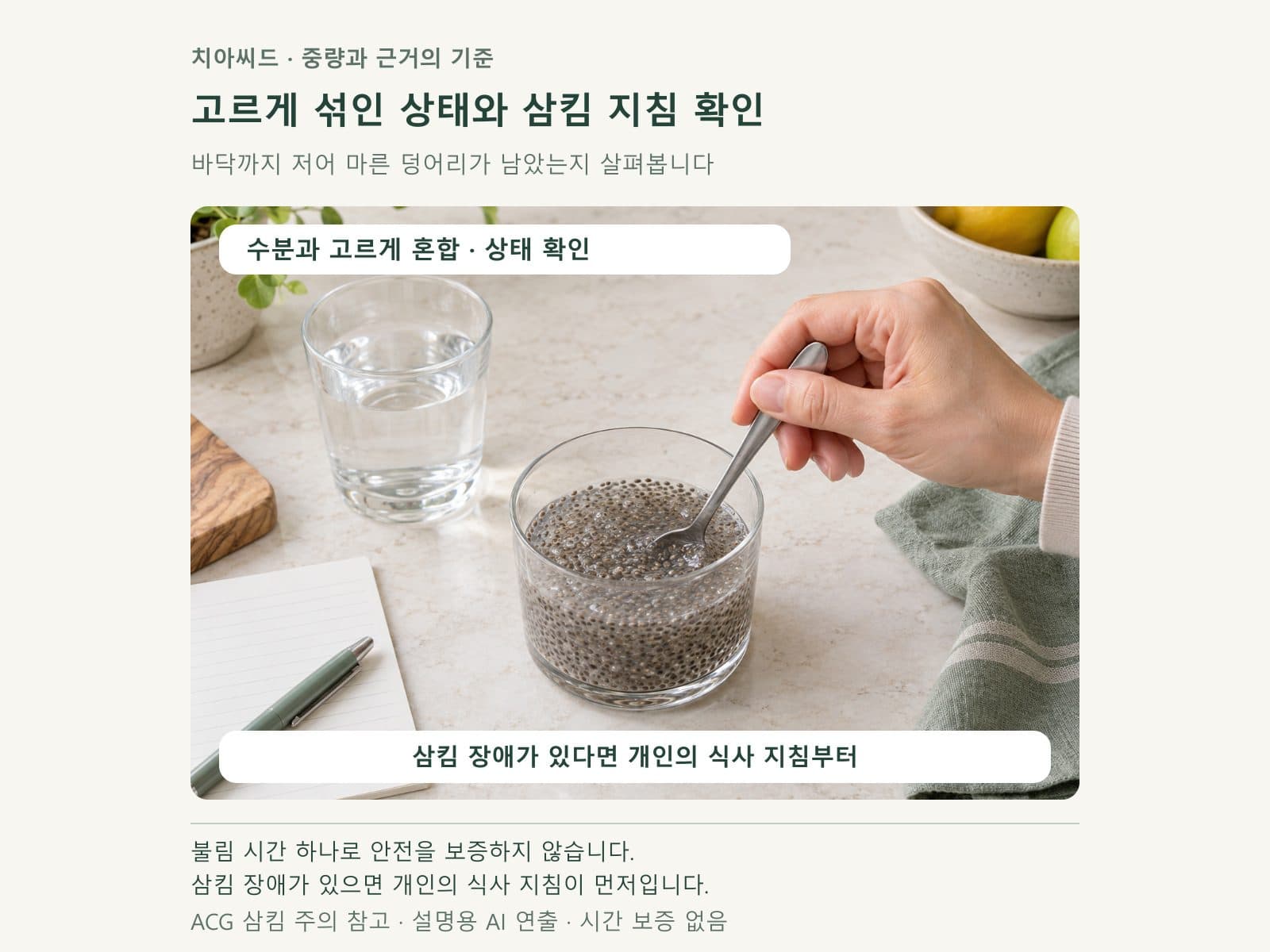 수분에 고르게 섞인 치아씨드와 삼킴 주의를 확인하는 준비 장면
