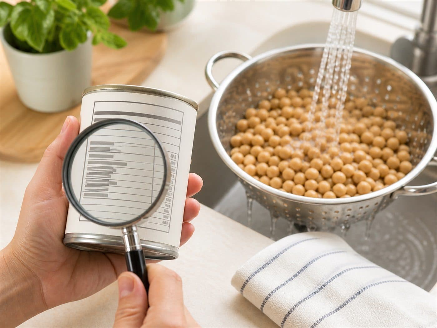 통조림 병아리콩의 나트륨을 확인하고 헹구는 모습
