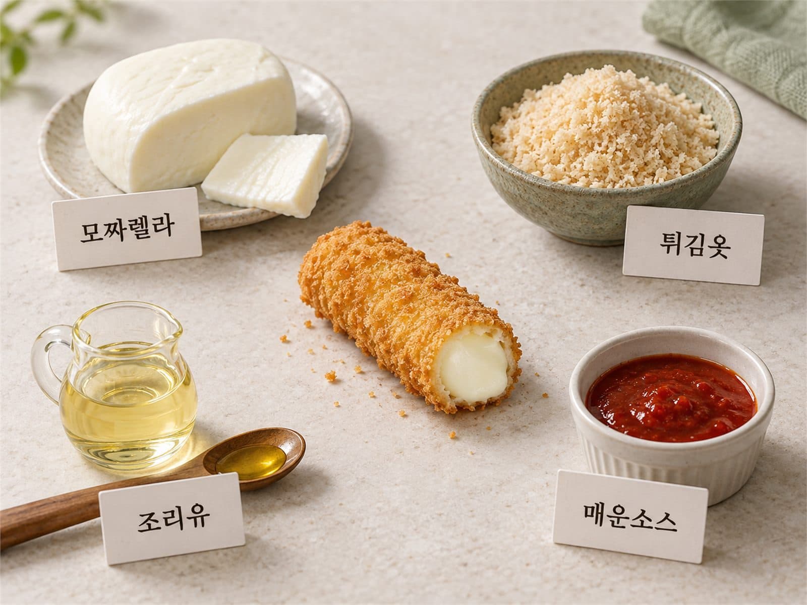 모짜렐라, 빵가루, 조리유, 매운소스를 층별로 나눈 구성도