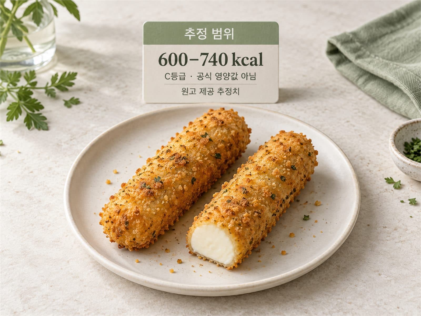 대형 통모짜렐라 치즈스틱 2개와 600~740kcal 범위·C등급 카드