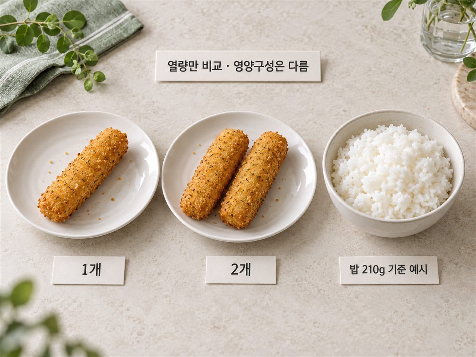 치즈스틱 1개, 2개, 밥 210g을 한 화면에 배치해 열량을 비교하는 사진