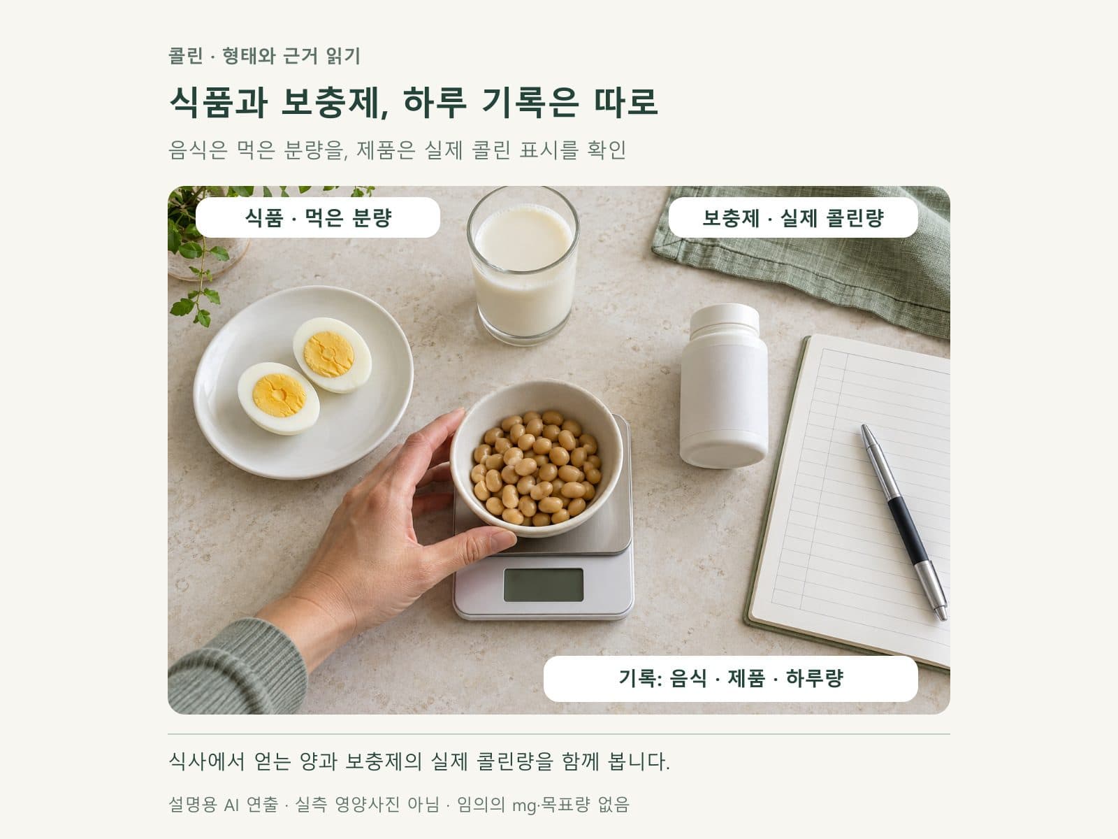 콜린 식품과 보충제의 하루 섭취를 분리해 기록한 식탁