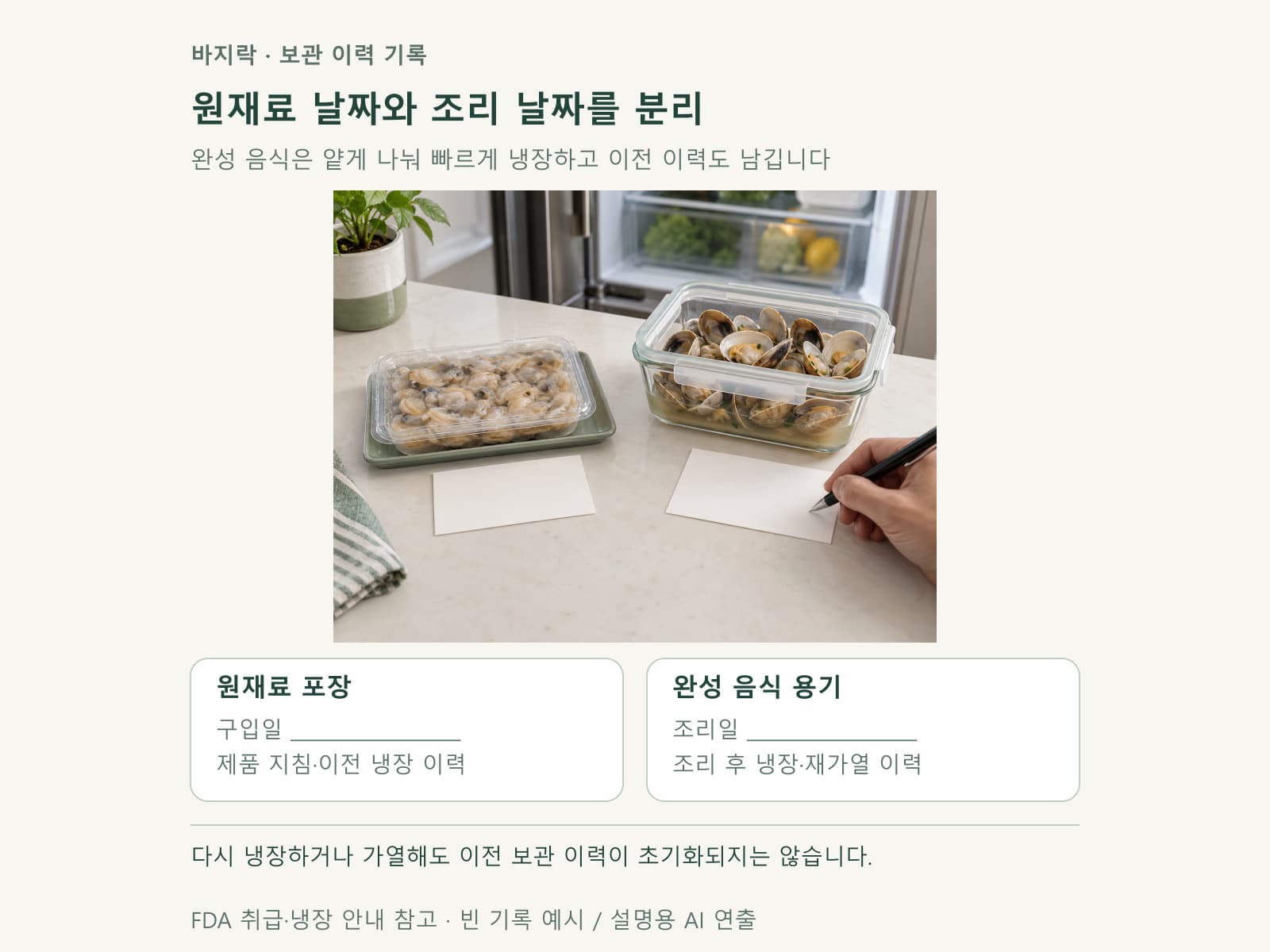 바지락 원재료의 구입일과 조리 후 보관일을 나눈 용기