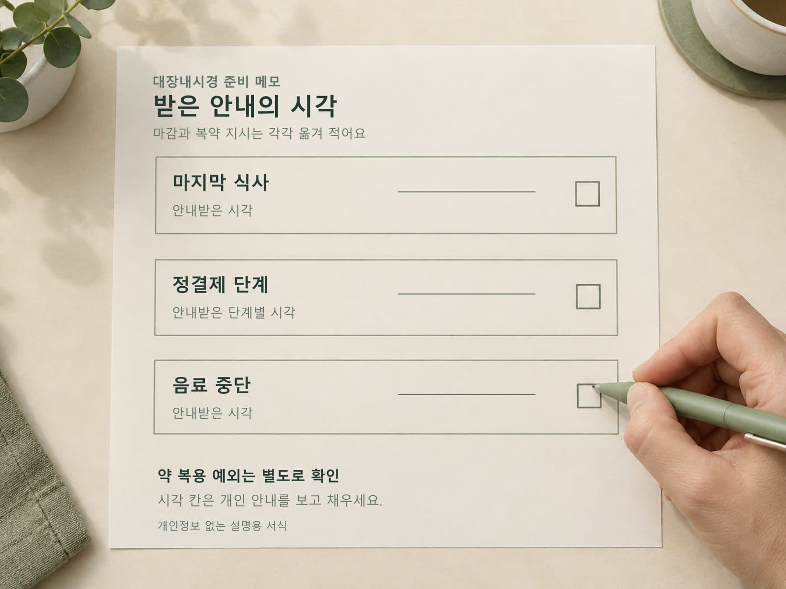 대장내시경 마지막 식사 정결제 음료 중단 시각 기록