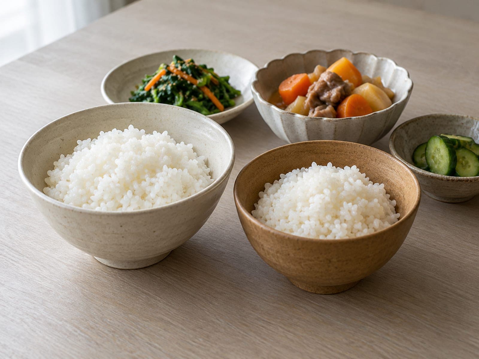 개인 그릇과 공유 반찬을 놓은 식탁