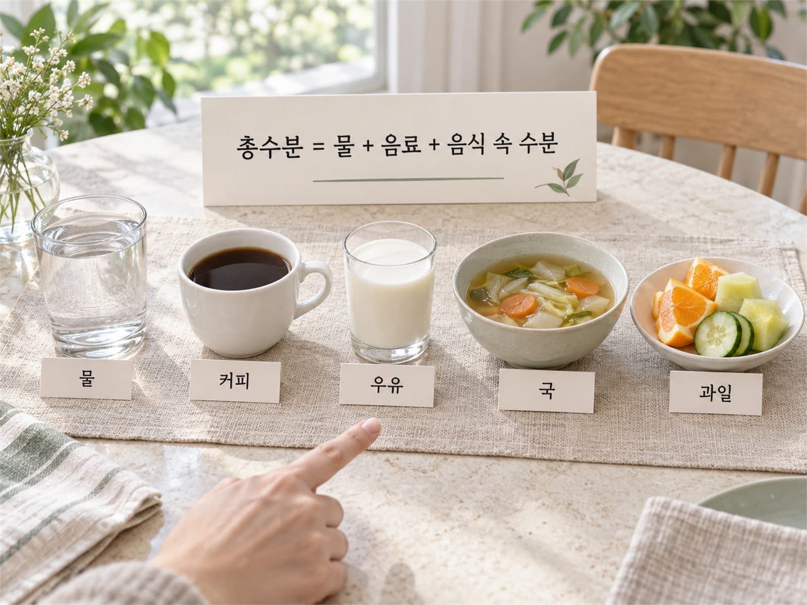 하루 총수분 생수 커피 국 과일 구성
