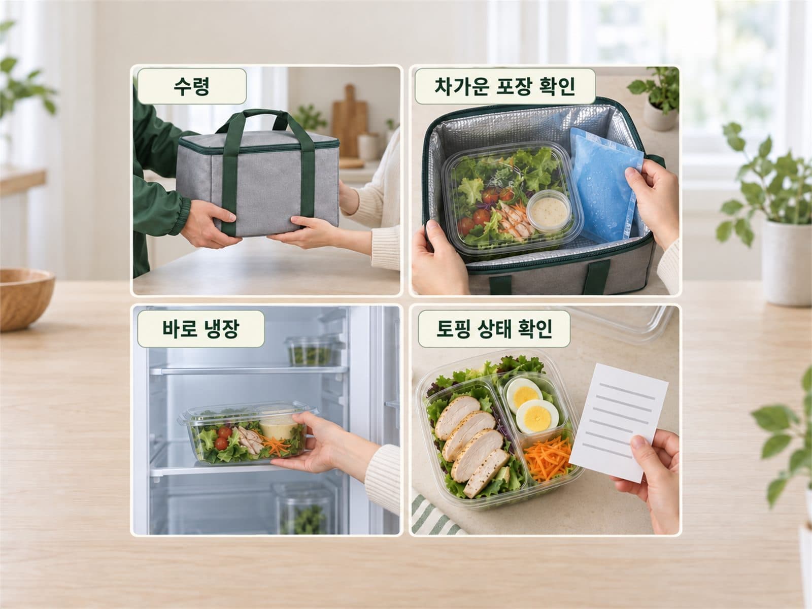 배달 수령, 차가운 포장 확인, 즉시 냉장, 고위험 토핑 점검 4단계