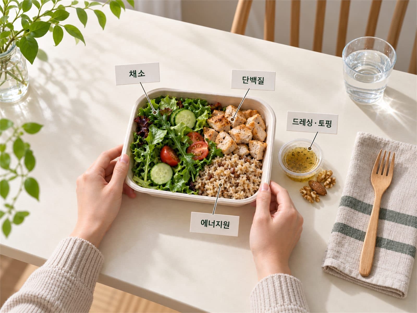 배달 샐러드를 채소·단백질·에너지원·드레싱토핑 네 칸으로 나눠 체크하는 사진