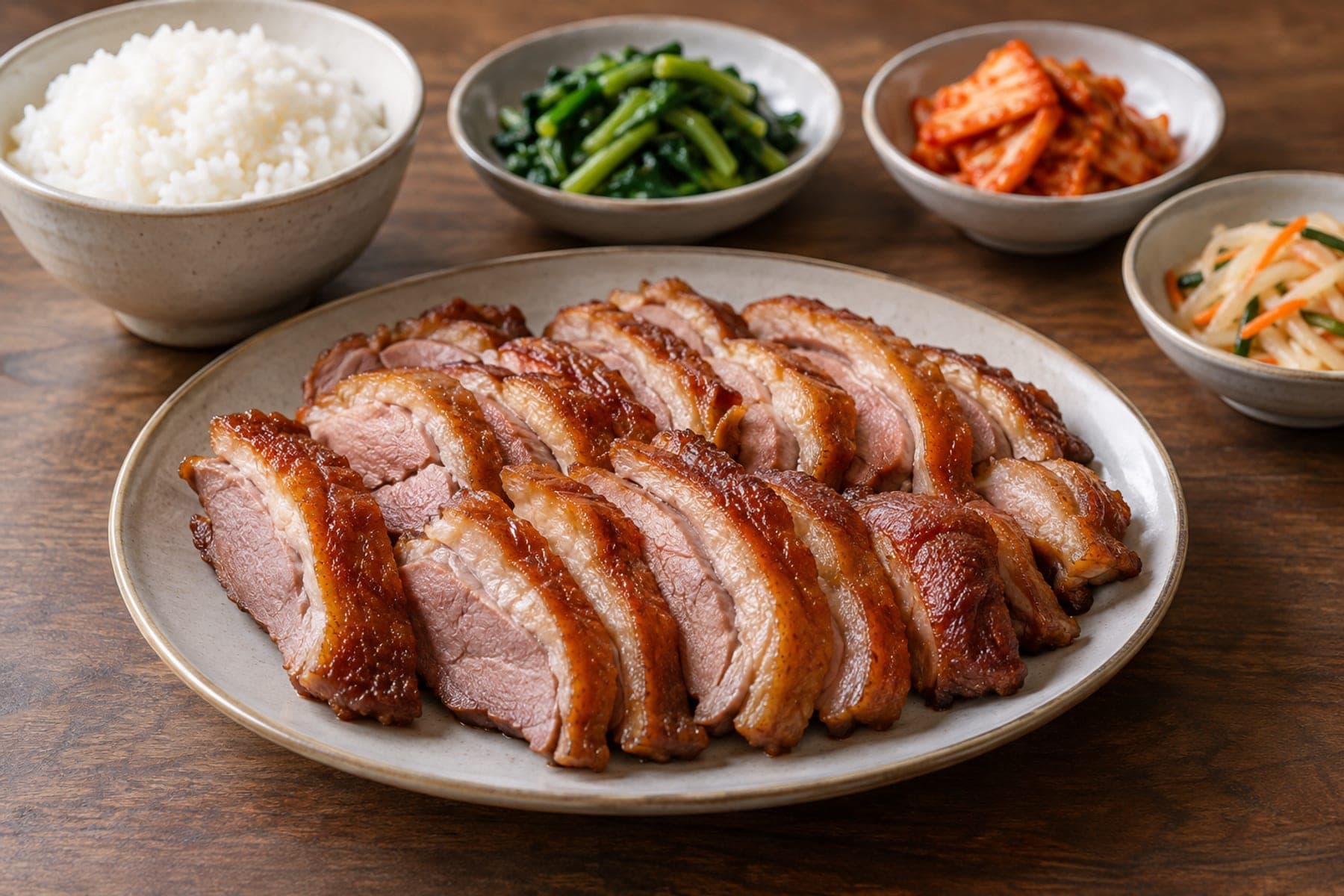 그날 먹을 오리 요리를 밥과 반찬 곁에 놓은 보통 식사
