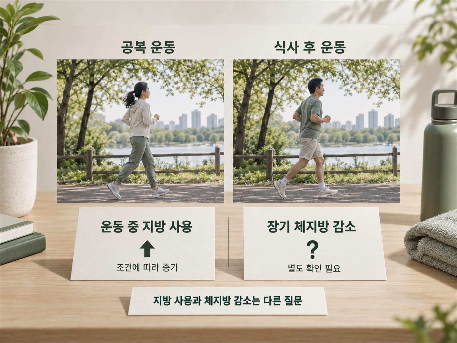 공복·식후 러닝 두 장면과 운동 중 지방산화 화살표, 장기 체지방 물음표