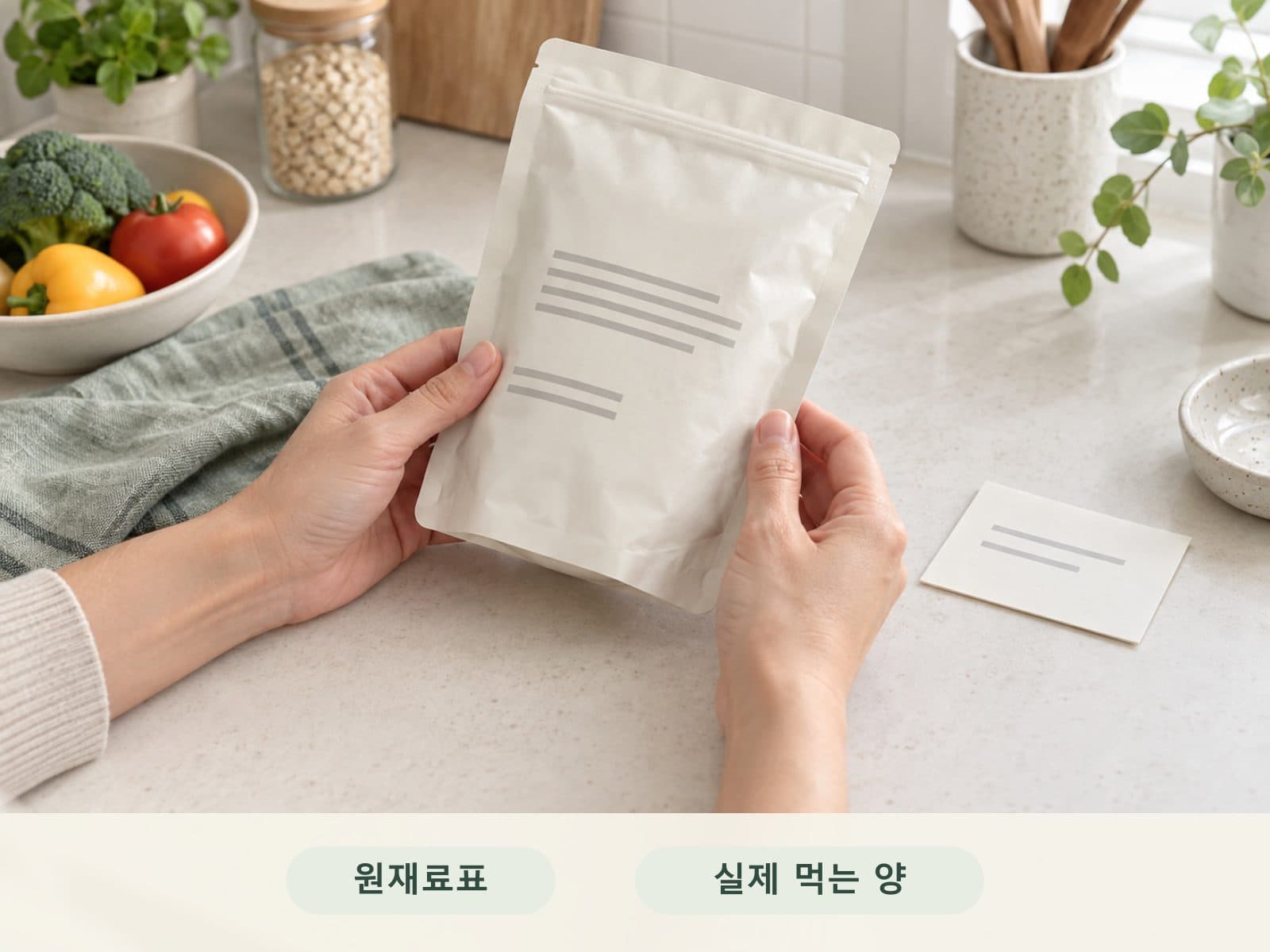 식품 원재료표와 실제 먹는 양을 함께 확인하는 손