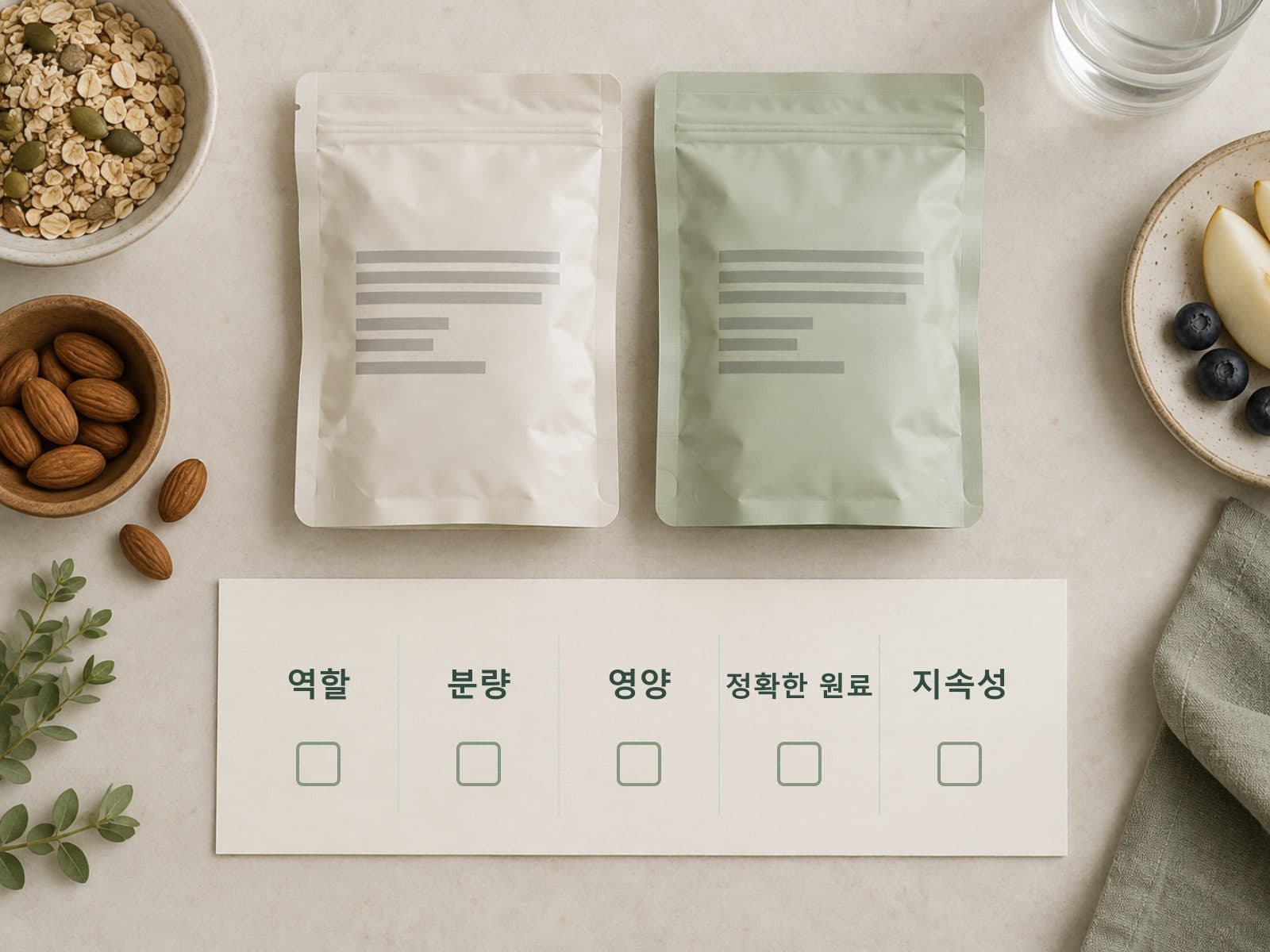 식품 두 가지를 역할 분량 영양 원료로 비교하는 장면