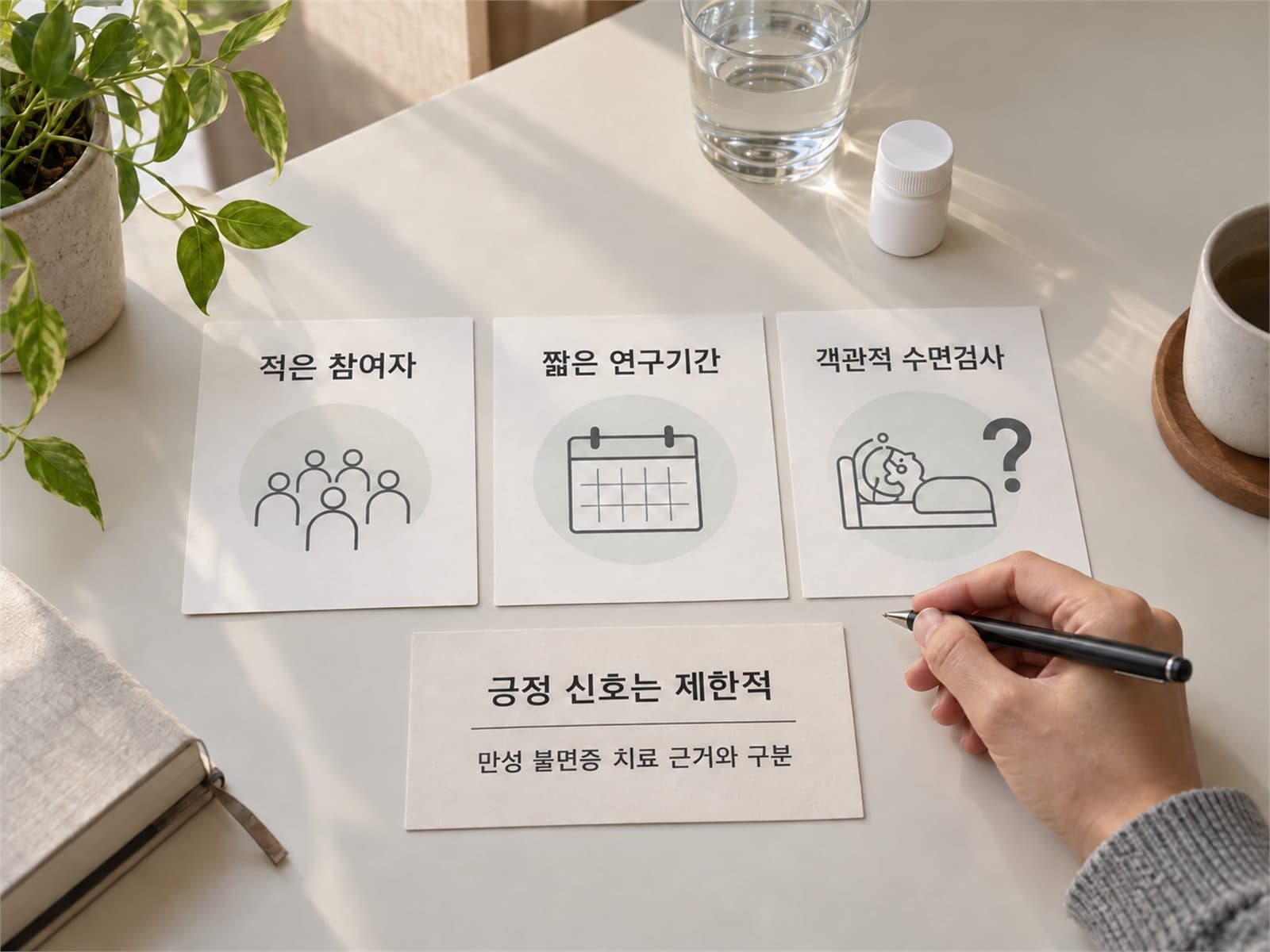 작은 참가자 카드, 짧은 달력, 객관적 수면검사 물음표를 배치한 사진