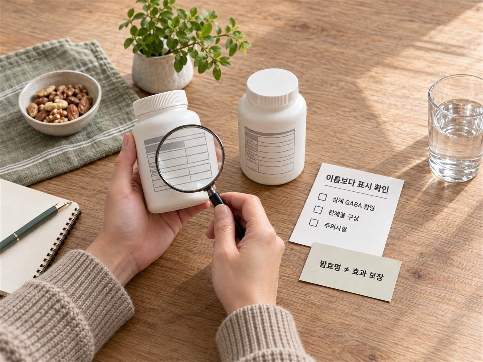 무표기 두 제품의 뒷면 라벨과 돋보기, 체크카드
