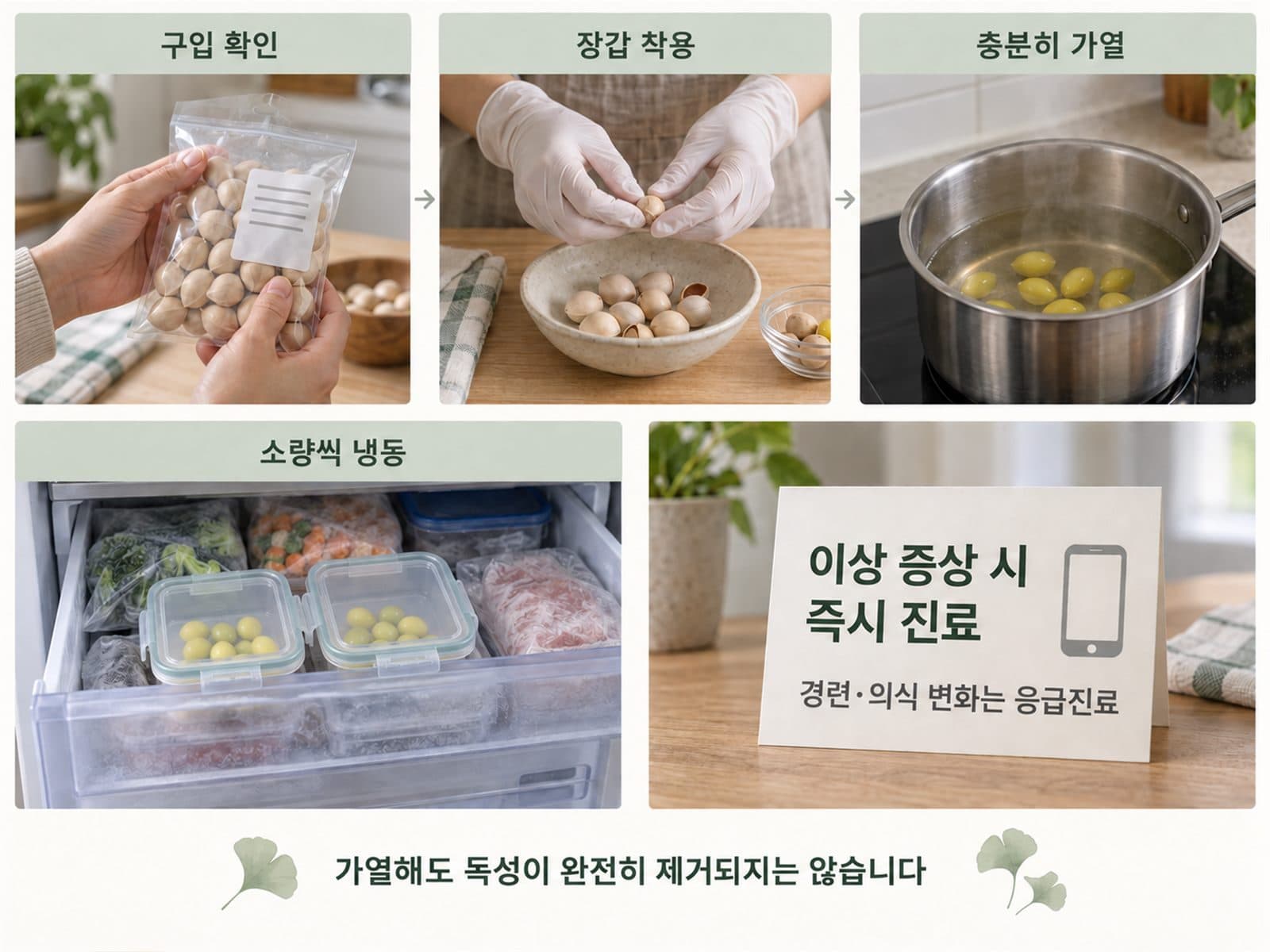 은행 구매·손질·충분한 가열·1회분 냉동·응급메모 5단계 순서