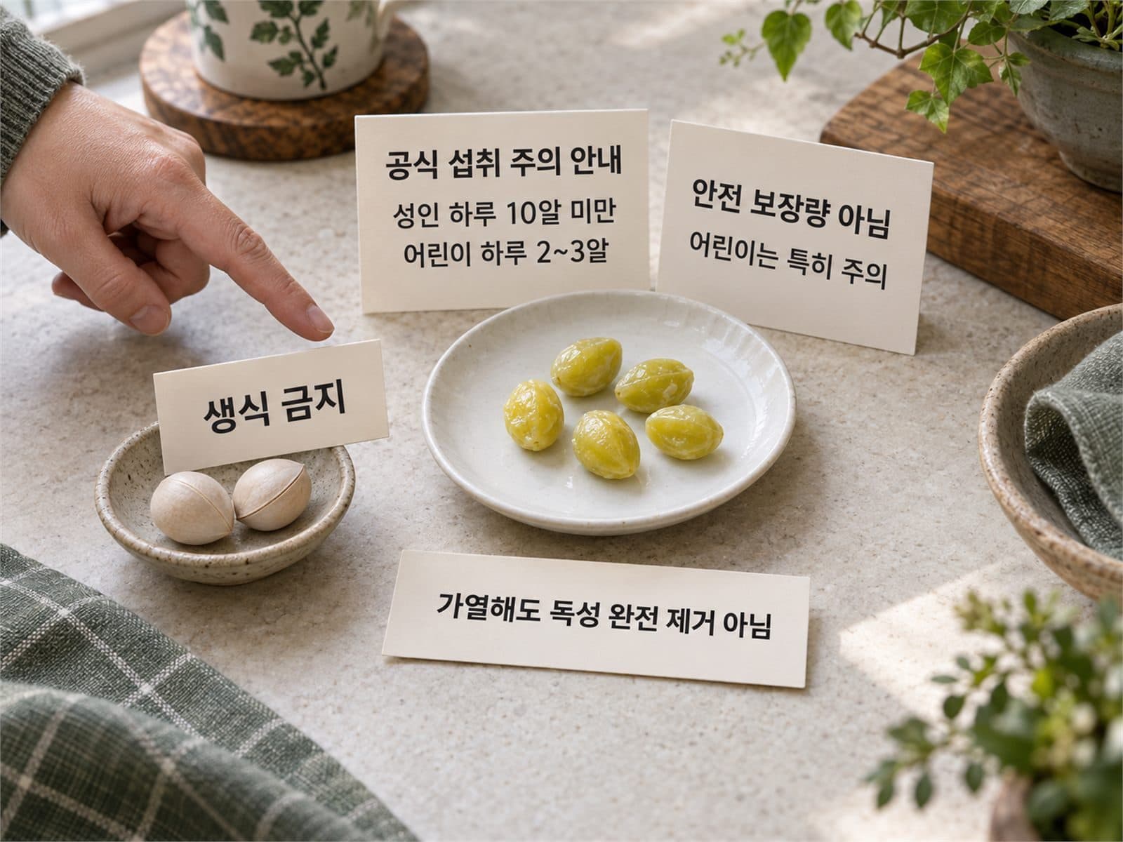 익힌 은행 소량 접시와 성인 10알·어린이 2~3알 주의 카드