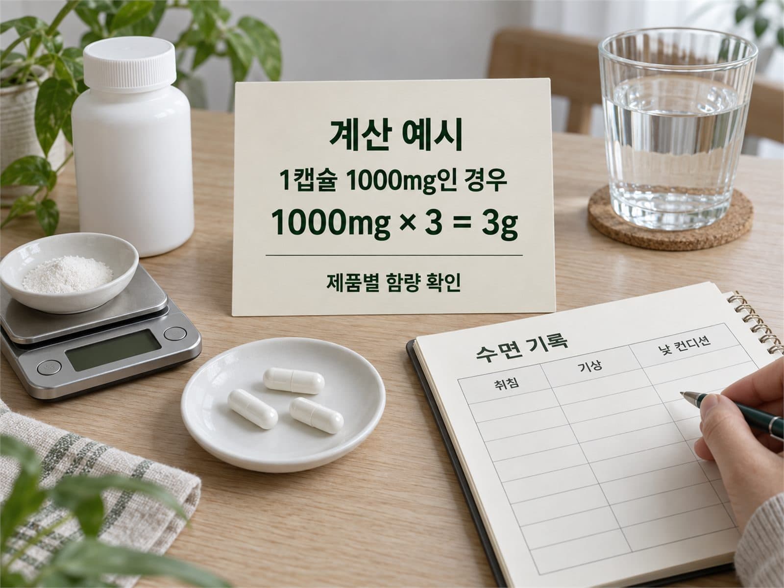 1,000mg 캡슐 3개 계산, 분말저울, 취침·각성·카페인 기록표