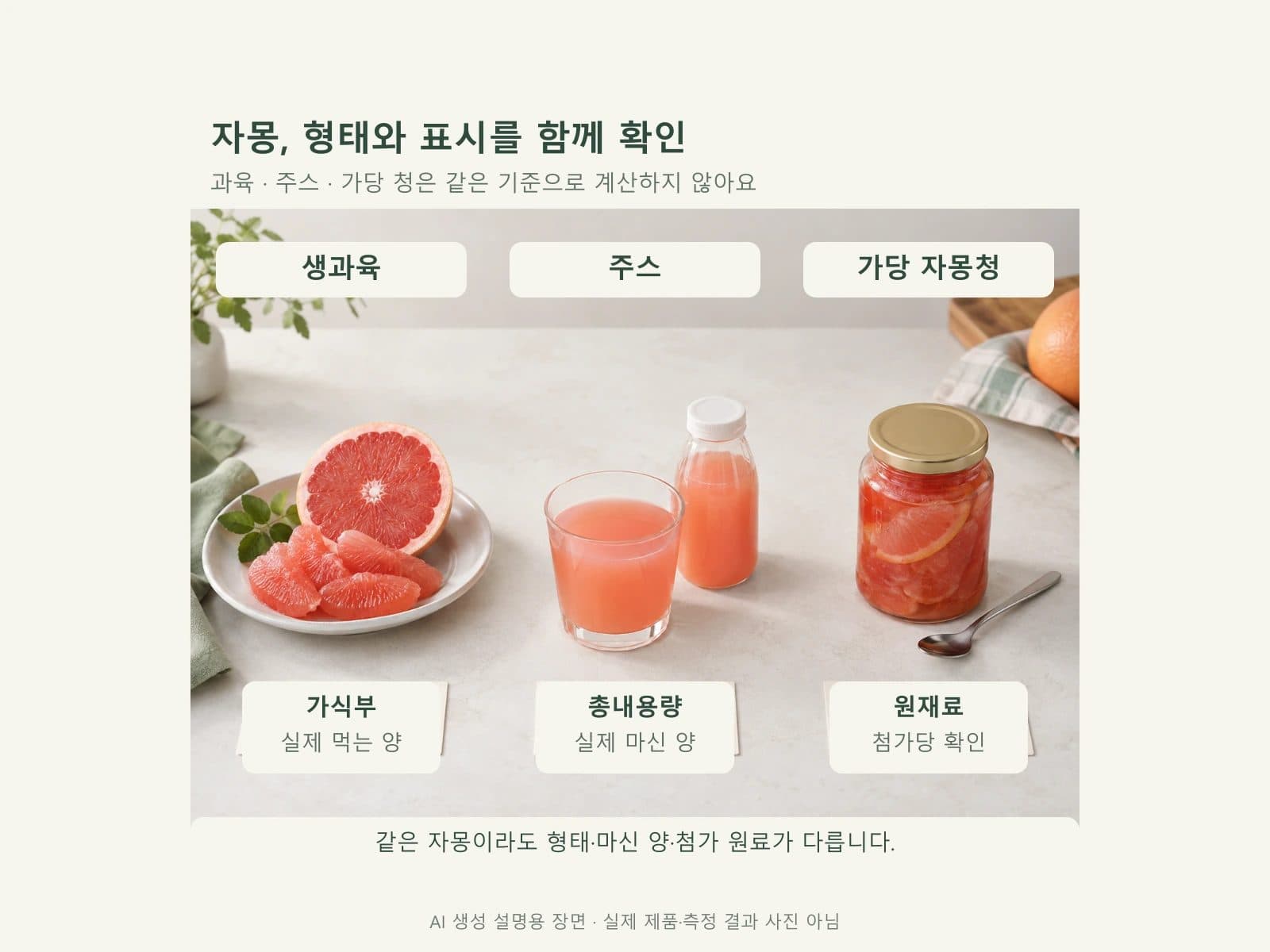 생자몽 과육과 주스 및 자몽청의 표시 확인 비교